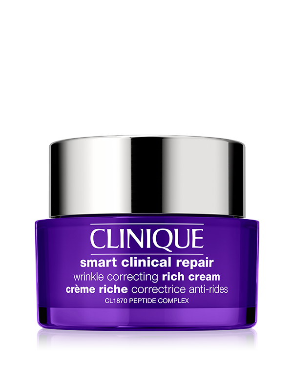 Clinique Smart Clinical Repair™ Crème Riche Correctrice Anti-rides, Cette crème anti-rides renforce et nourrit la peau pour lui donner un aspect plus lisse et plus jeune. À utiliser deux fois par jour, matin et soir. 85% observent une réduction visible des rides et ridules*. Formule tous types de peau également disponible.