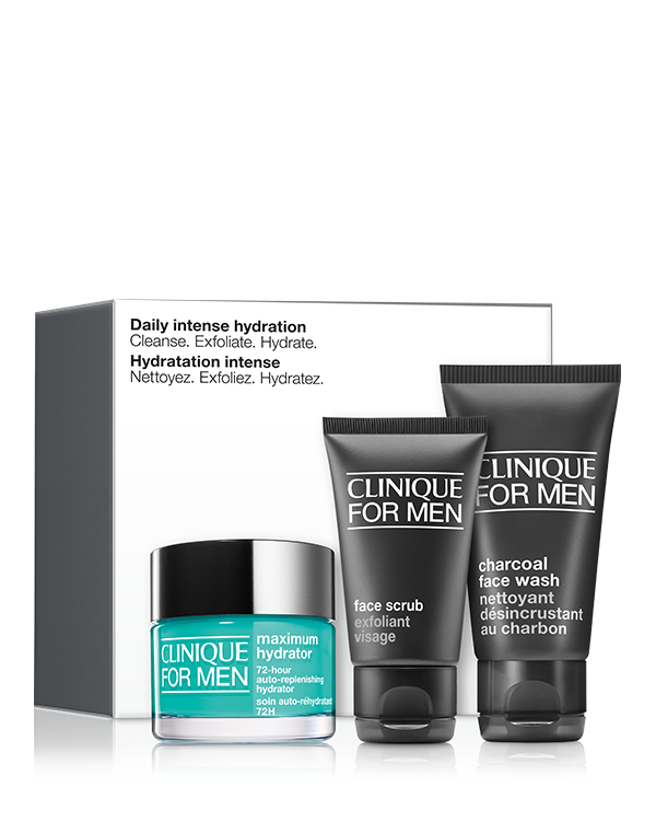 Coffret Daily Intense Hydration, 3 formules Clinique For Men™ les plus vendues réunies dans un coffret de soins hydratants pour homme. Comprend Clinique For Men™ Maximum Hydrator Soin Auto-Réhydratant 72h en taille vente.