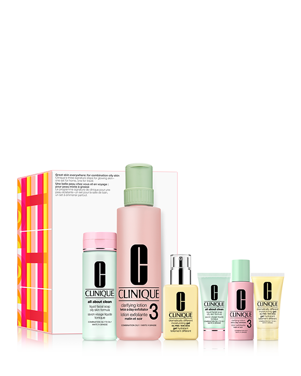 Coffret Great Skin Everywhere : Pour Peau Mixte À Grasse, Les trois étapes signature de Clinique pour une peau éclatante - un ensemble pour la maison, un autre pour le voyage. Personnalisé pour les peaux plus grasses.