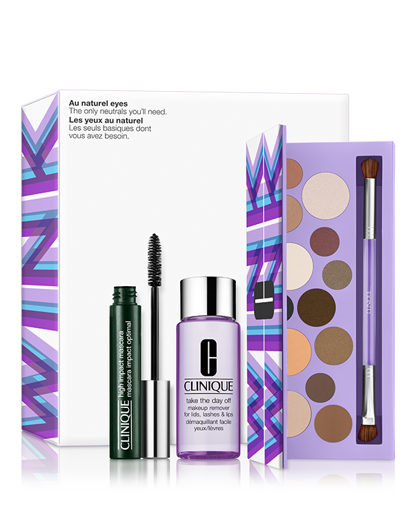 Coffret Au Naturel Eyes, Un joli coffret de soin et de maquillage comprenant une palette d&#039;ombres à paupières, un mascara et un démaquillant.